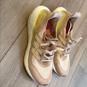 adidas Women's ULTRABOOST Running Shoes Pink Beige with Yellow Accent